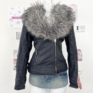 Y2K Black Faux Leather Jacket with Grey Shaggy Fur Collar